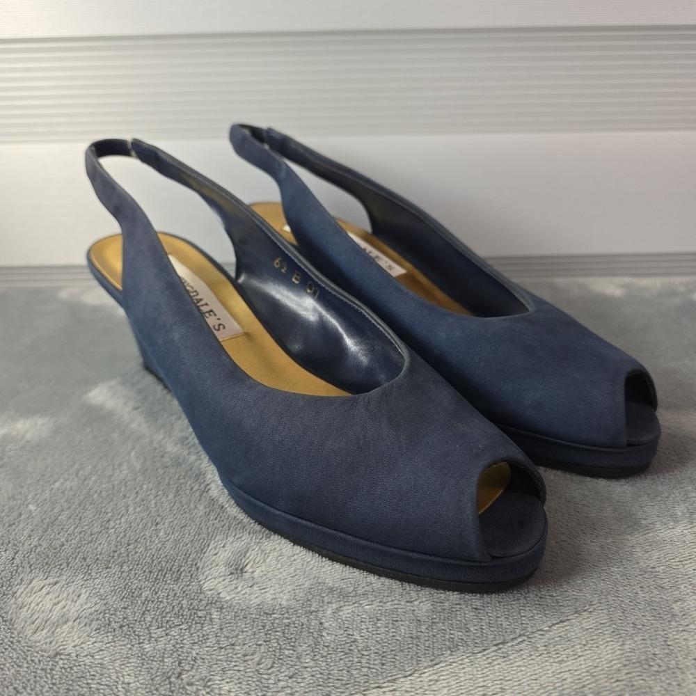 Vintage Bloomingdale's‎ Sling back Peep toe Wedges Blue Suede Size 6.5B